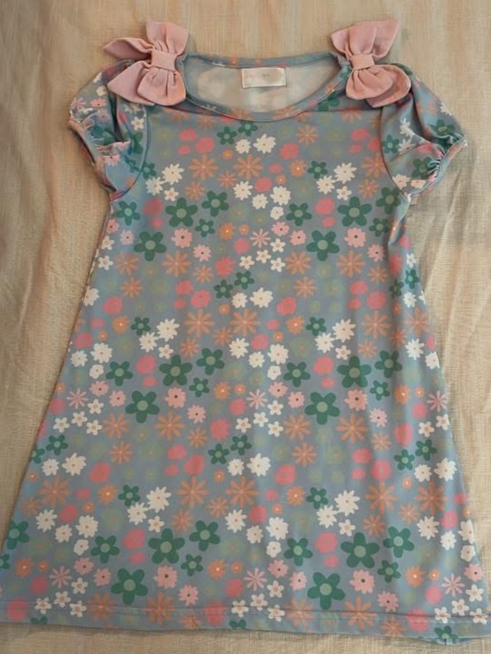 Girls' Floral Bow-Shoulder Casual Dress - Blue